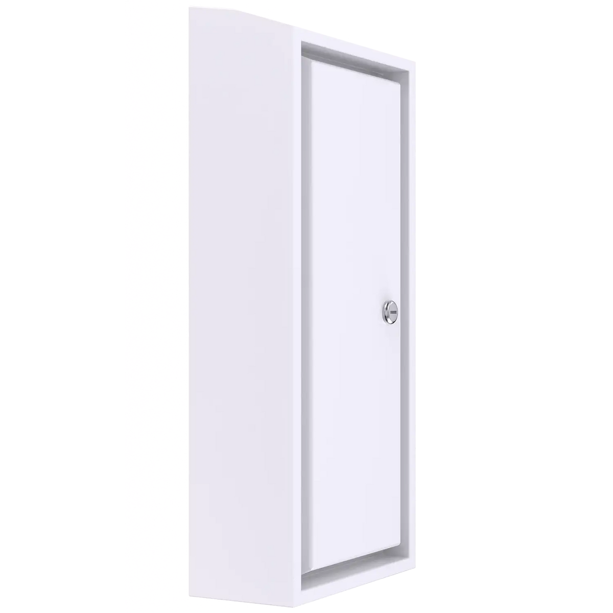 A white, surface mounted fire extinguisher cabinet with a solid raised-panel door and a cylinder lock.