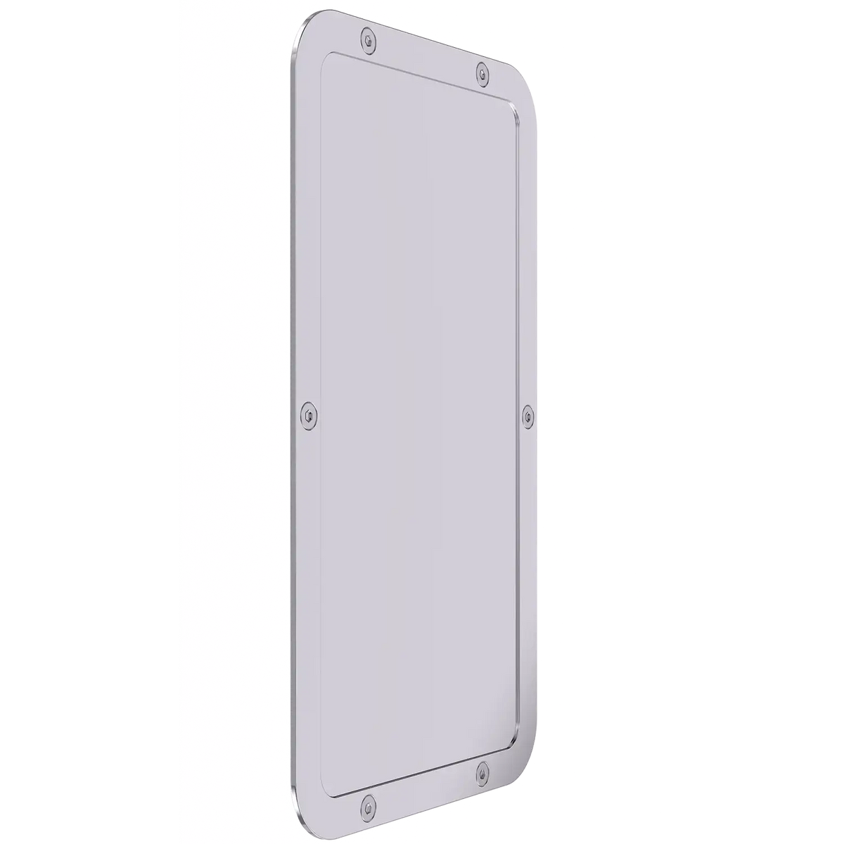 A rectangular stainless steel mirror with rounded corners and mounting holes visible on the back surface.