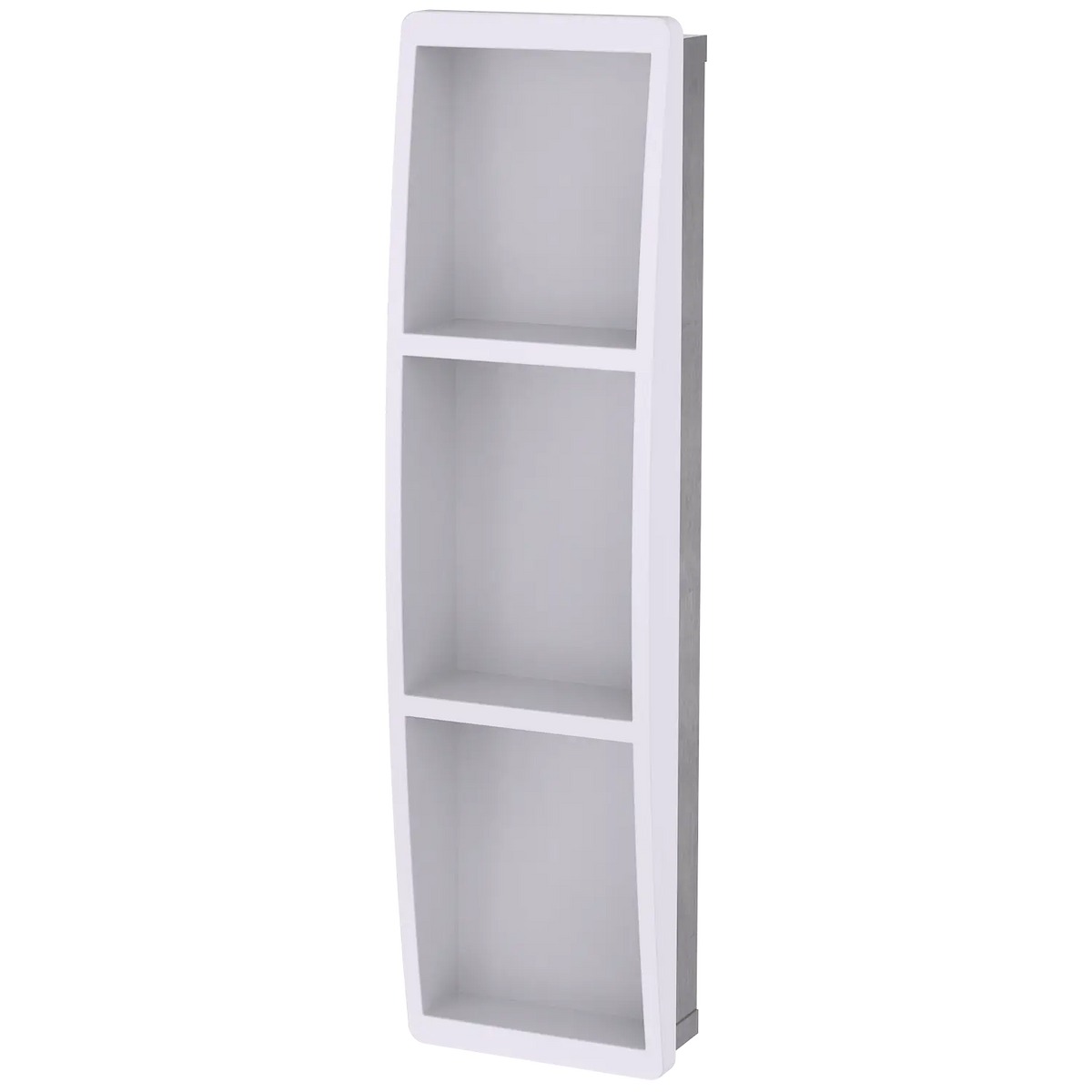 A 10-inch wide recessed shelving unit with multiple compartments, finished in white with a stainless steel back panel.