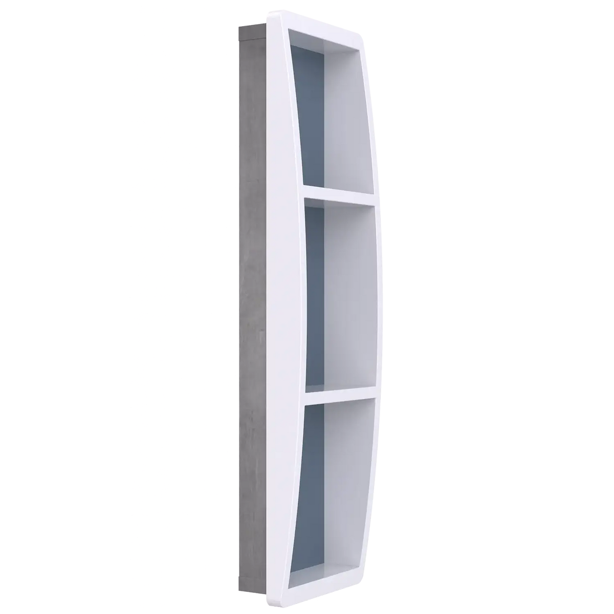 A 10-inch wide recessed shelving unit with multiple compartments, finished in white with a stainless steel back panel.