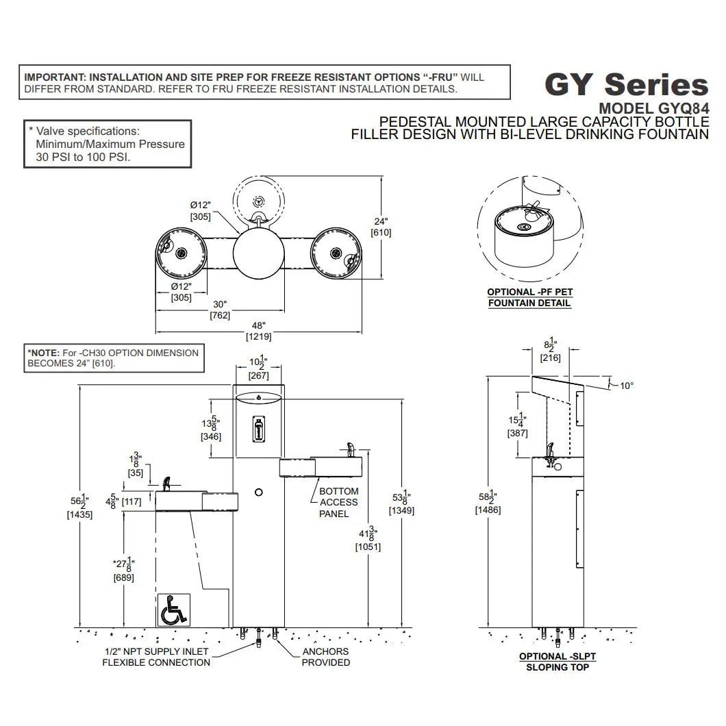 Pedestal Mounted Bottle Filler with Bi-Level Drinking Fountains