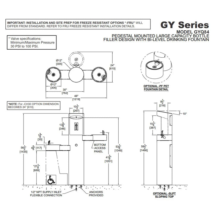 Pedestal Mounted Bottle Filler with Bi-Level Drinking Fountains