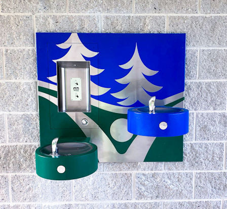 Recessed Bottle Filler with Sensor & Push Button and Two Bi-Level Drinking Fountain on Arms